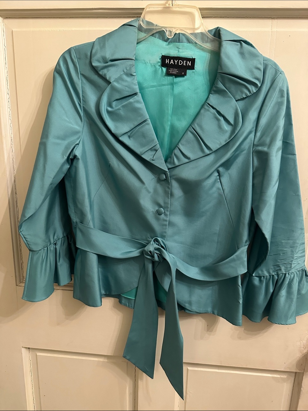 Hayden Teal Ruffle Tie-Waist Satin Blouse
